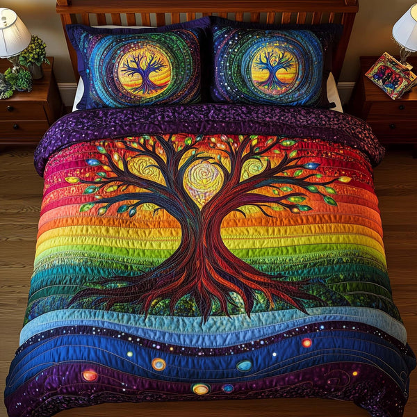 Tree Of Life quilted 3-piece bedding set on a made bed with two matching pillow shams