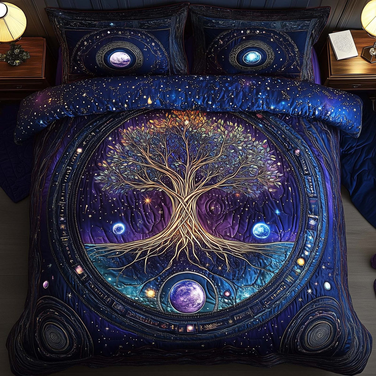 Tree Of Life quilted 3-piece bedding set on a made bed with two matching pillow shams