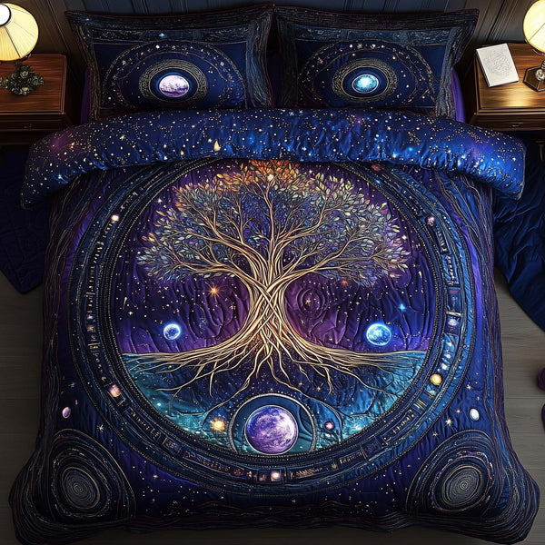 Tree Of Life quilted 3-piece bedding set on a made bed with two matching pillow shams