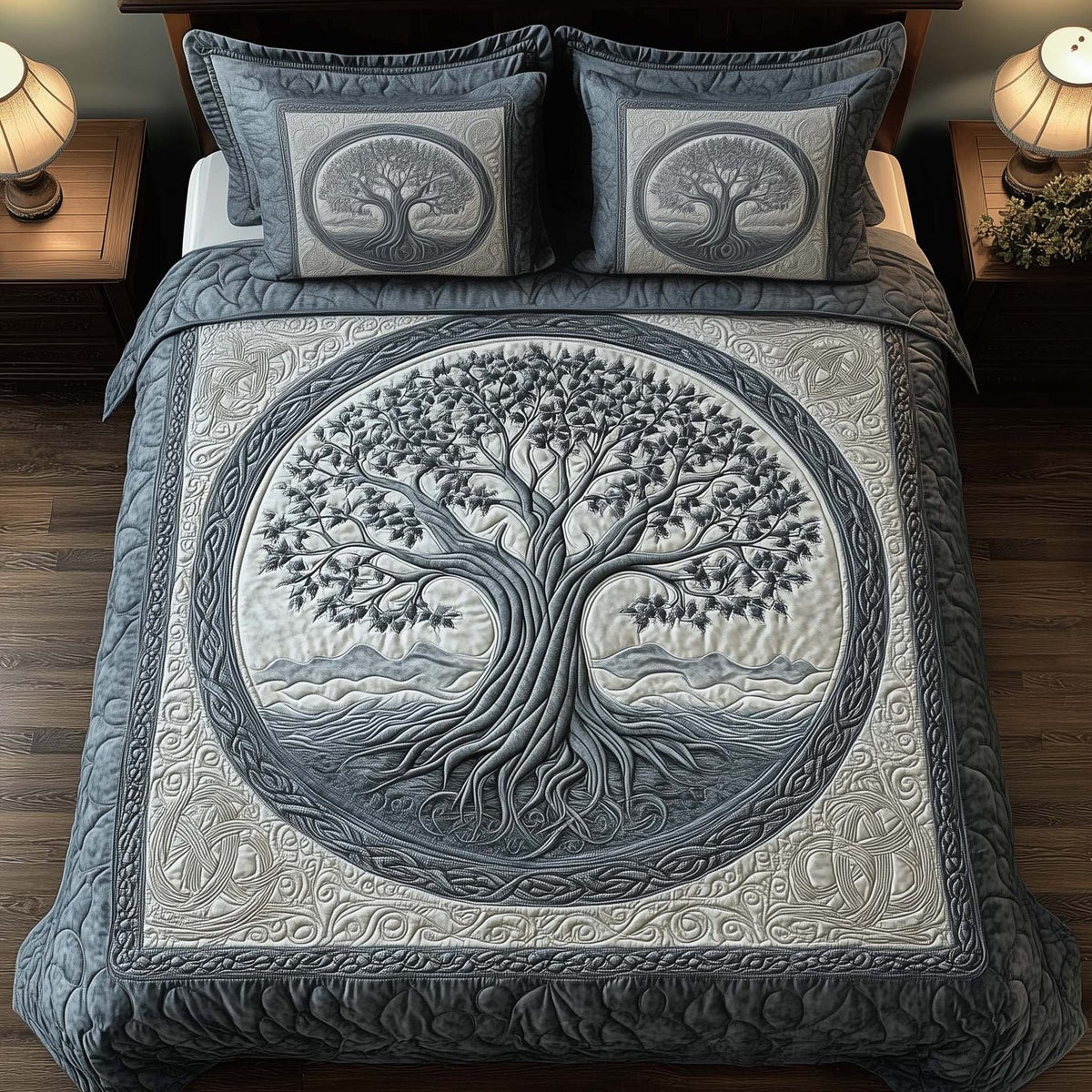 Tree Of Life quilted 3-piece bedding set on a made bed with two matching pillow shams