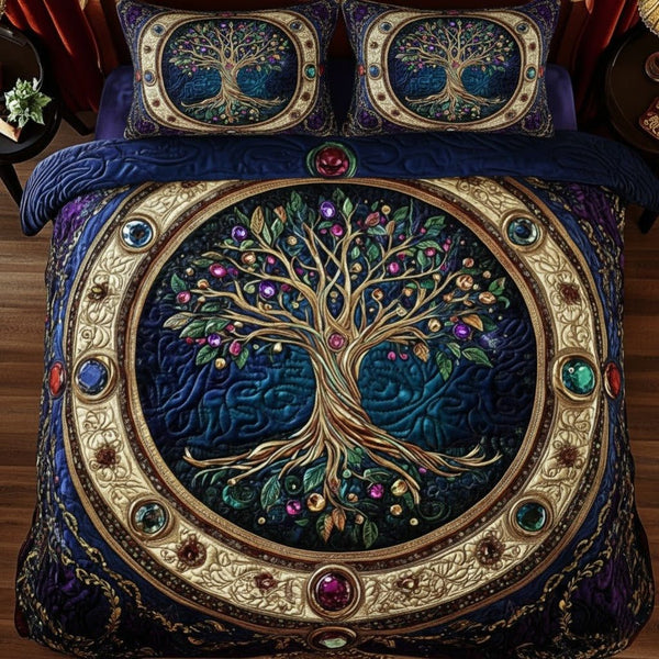 Tree Of Life quilted 3-piece bedding set on a made bed with two matching pillow shams