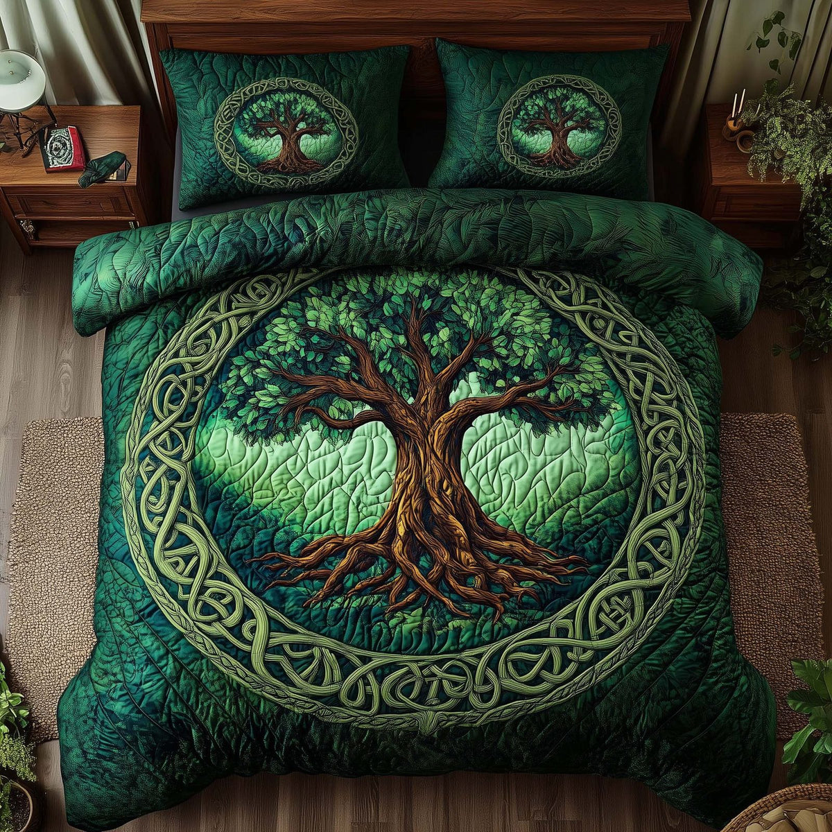 Tree Of Life quilted 3-piece bedding set on a made bed with two matching pillow shams