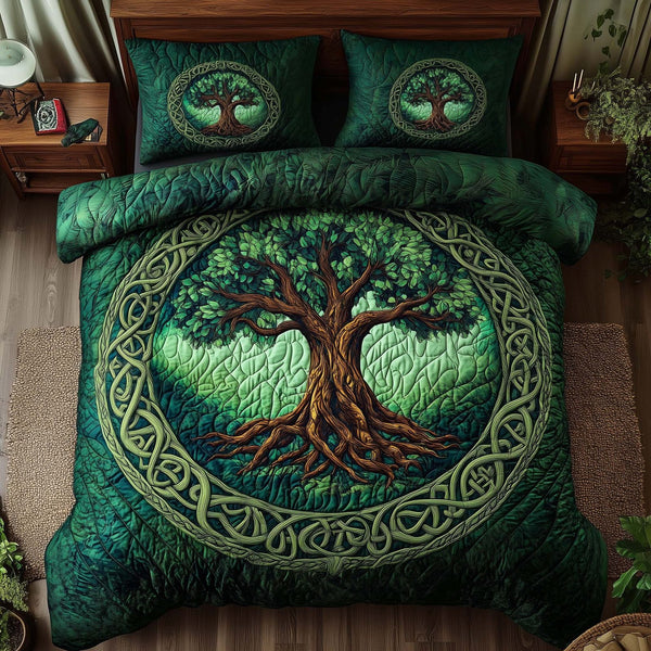 Tree Of Life quilted 3-piece bedding set on a made bed with two matching pillow shams
