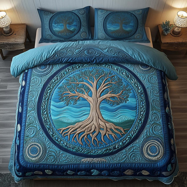 Tree Of Life quilted 3-piece bedding set on a made bed with two matching pillow shams