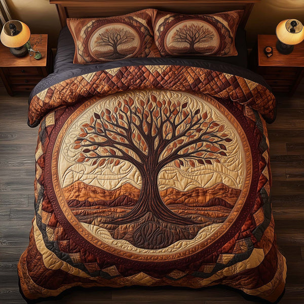 Tree Of Life quilted 3-piece bedding set on a made bed with two matching pillow shams