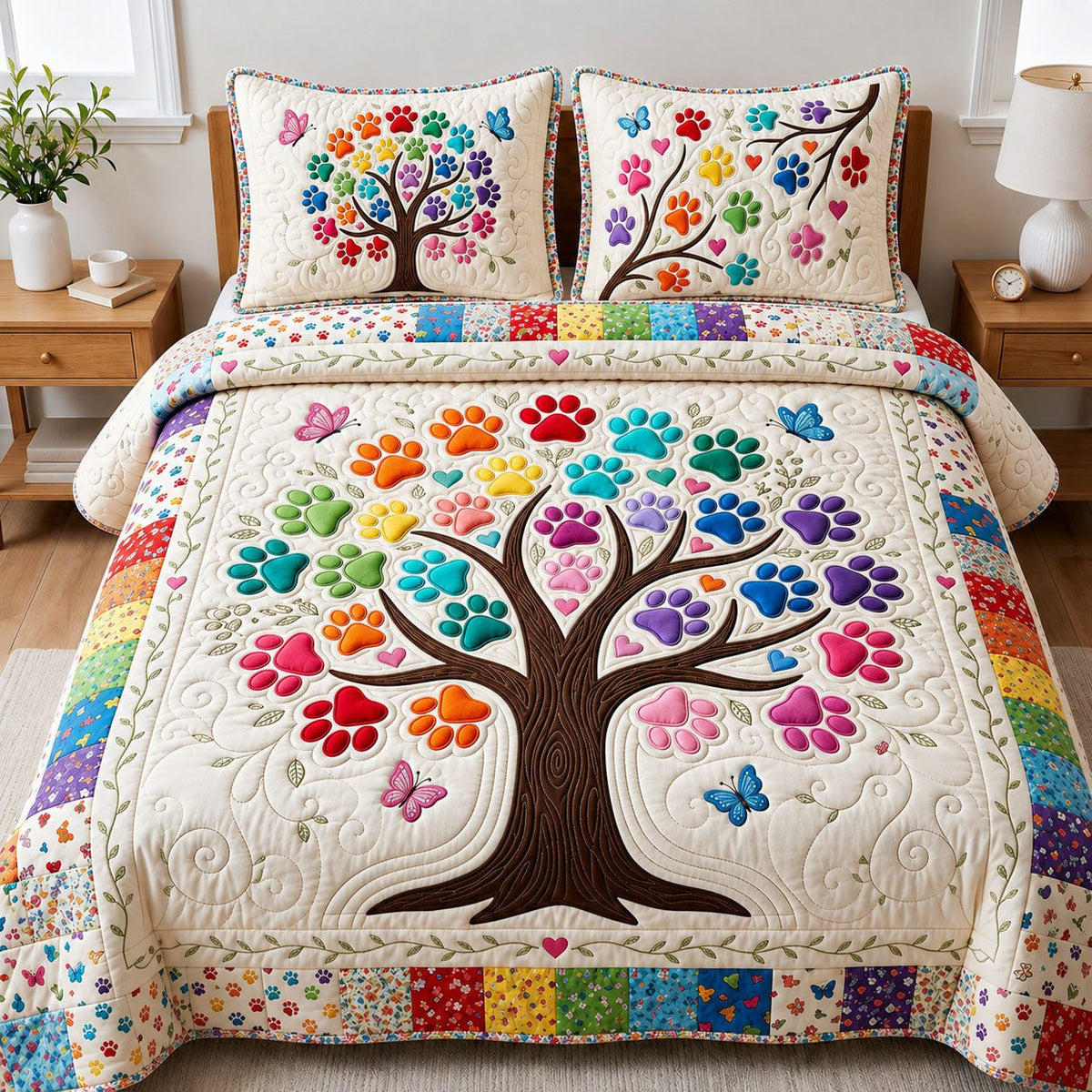 Tree of Paw quilted 3-piece bedding set on a made bed with two matching pillow shams
