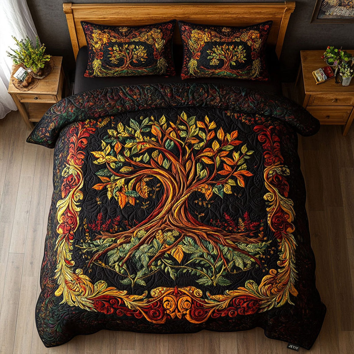 Tree of Triumph quilted 3-piece bedding set on a made bed with two matching pillow shams