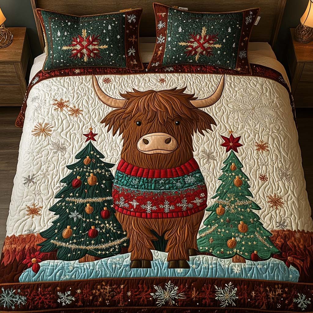 Tree Side Glow quilted 3-piece bedding set on a made bed with two matching pillow shams