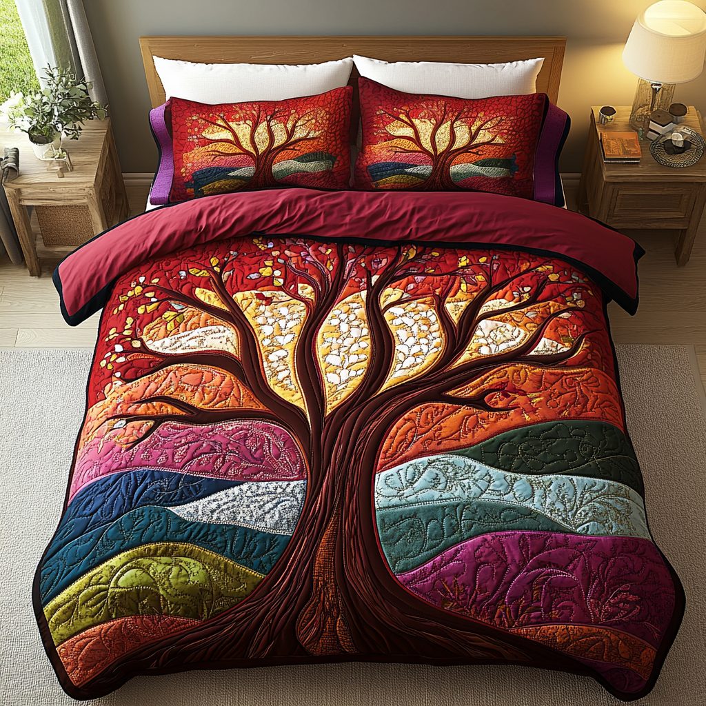 Tree Spirit quilted 3-piece bedding set on a made bed with two matching pillow shams