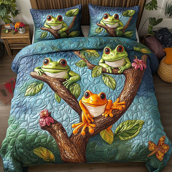 Treehouse Tribe quilted 3-piece bedding set on a made bed with two matching pillow shams