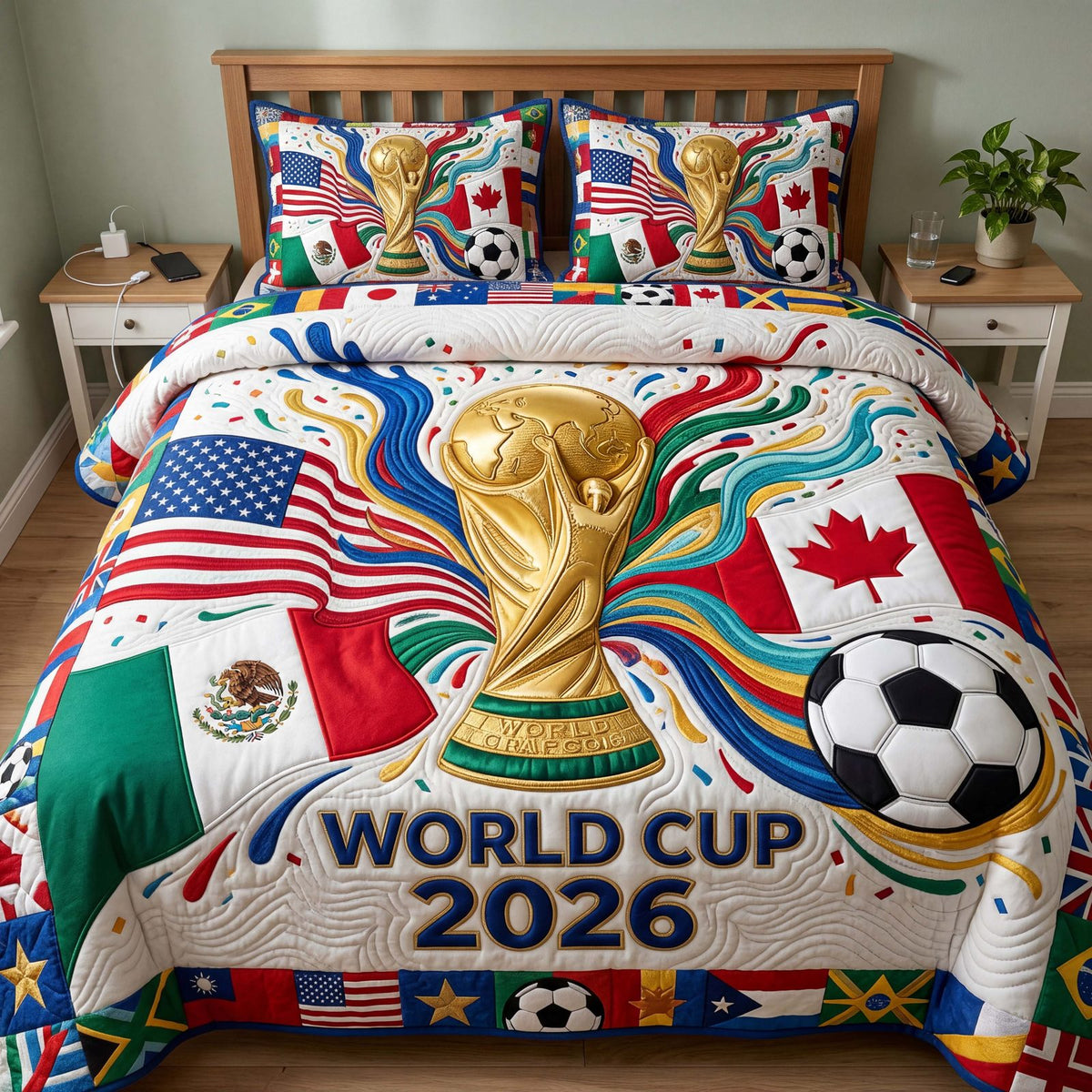 Tri Nation Trophy quilted 3-piece bedding set on a made bed with two matching pillow shams