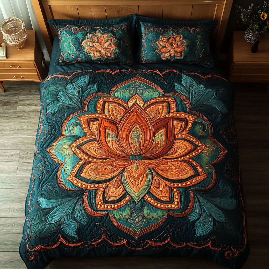 Tribal Aura quilted 3-piece bedding set on a made bed with two matching pillow shams