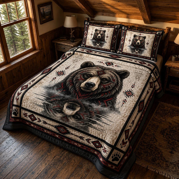 Tribal Bear quilted 3-piece bedding set on a made bed with two matching pillow shams