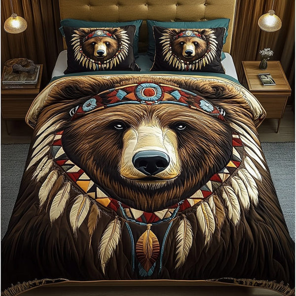Tribal Bear quilted 3-piece bedding set on a made bed with two matching pillow shams