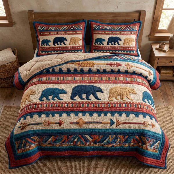 Tribal Bear Row quilted 3-piece bedding set on a made bed with two matching pillow shams