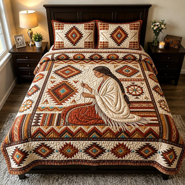 Tribal Beauty quilted 3-piece bedding set on a made bed with two matching pillow shams