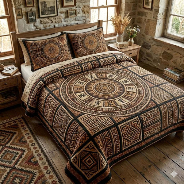 Tribal Circle quilted 3-piece bedding set on a made bed with two matching pillow shams