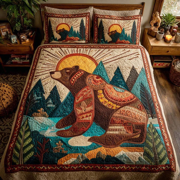 Tribal Claw quilted 3-piece bedding set on a made bed with two matching pillow shams