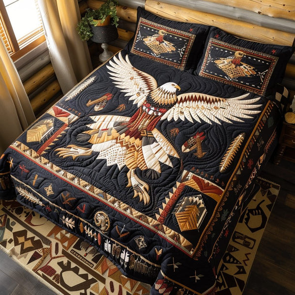 Tribal Eagle Legacy quilted 3-piece bedding set on a made bed in a warmly lit bedroom
