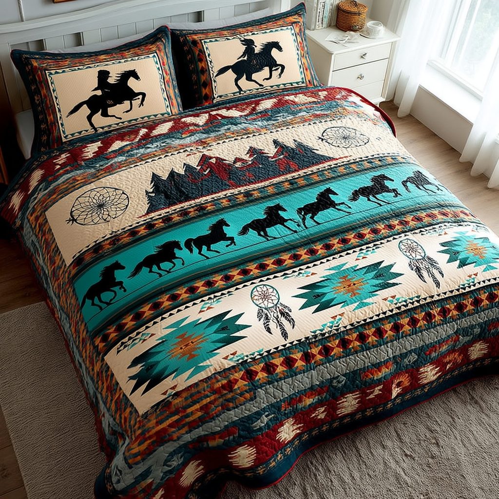 Tribal Echo quilted 3-piece bedding set on a made bed with two matching pillow shams
