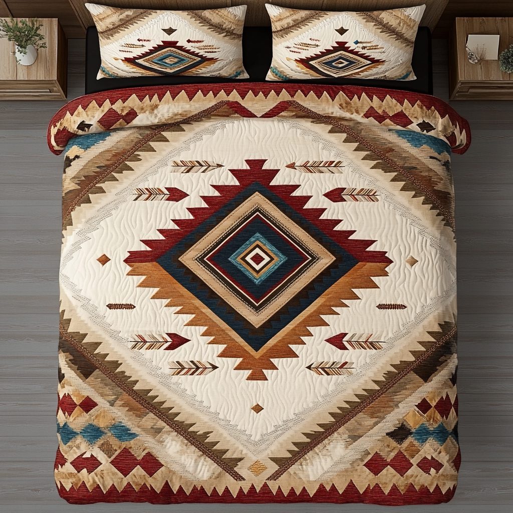 Tribal Echo quilted 3-piece bedding set on a made bed with two matching pillow shams