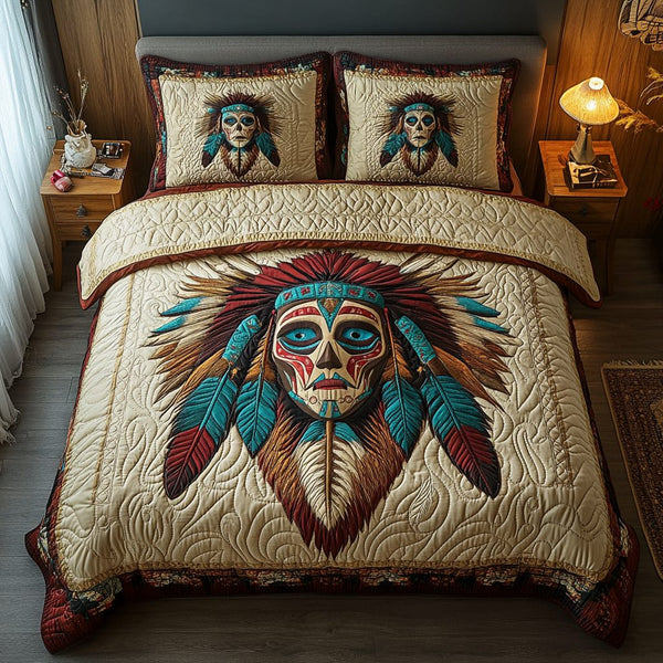 Tribal Echoes quilted 3-piece bedding set on a made bed with two matching pillow shams