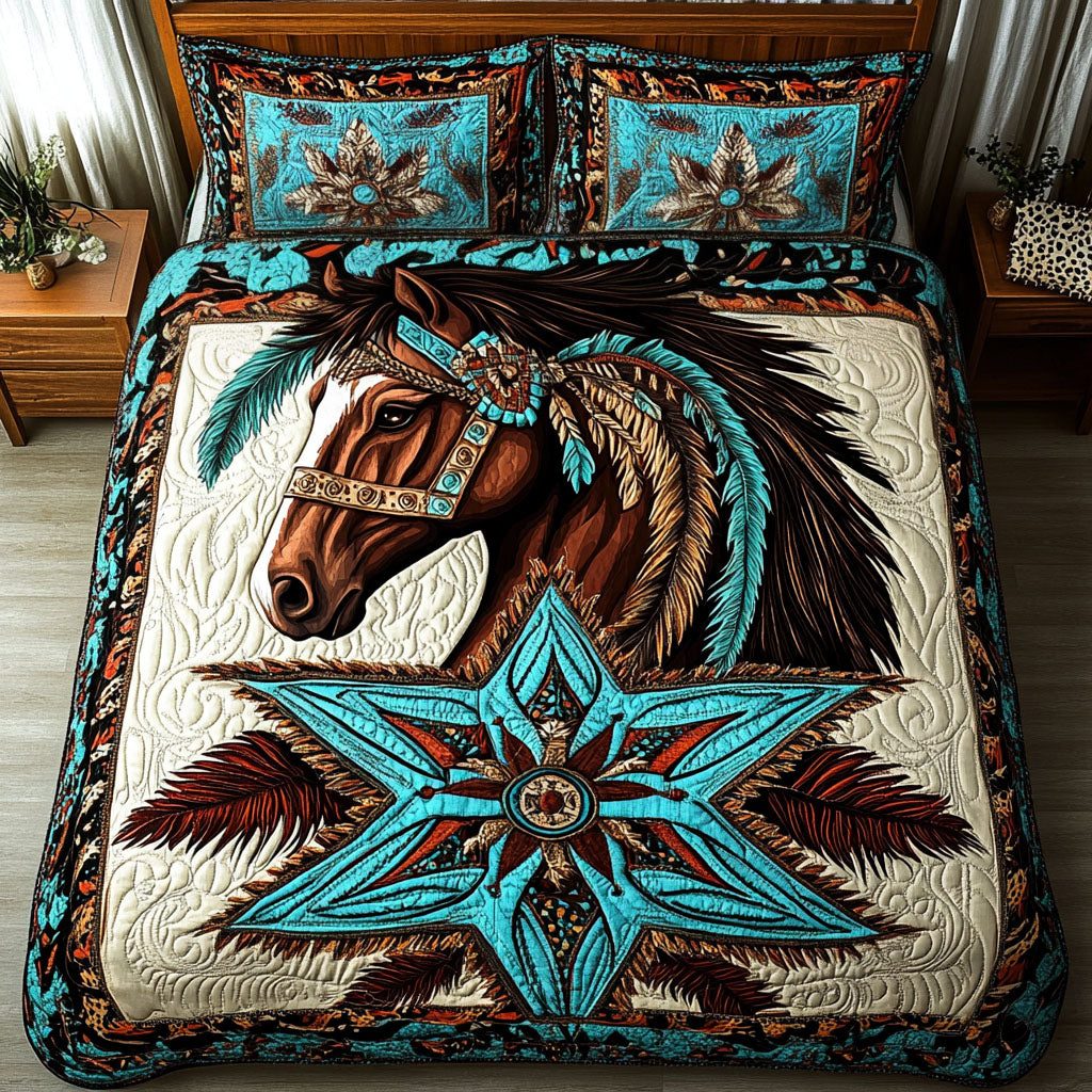 Tribal Echoes quilted 3-piece bedding set on a made bed with two matching pillow shams