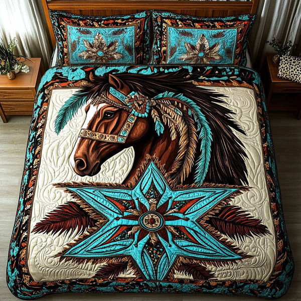 Tribal Echoes quilted 3-piece bedding set on a made bed with two matching pillow shams