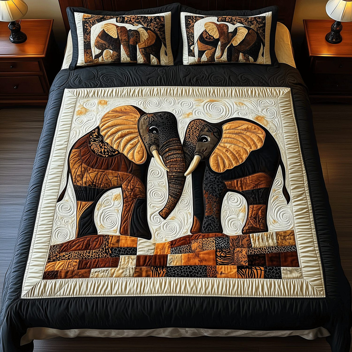 Tribal Elegance Elephant quilted 3-piece bedding set on a made bed with two matching pillow shams