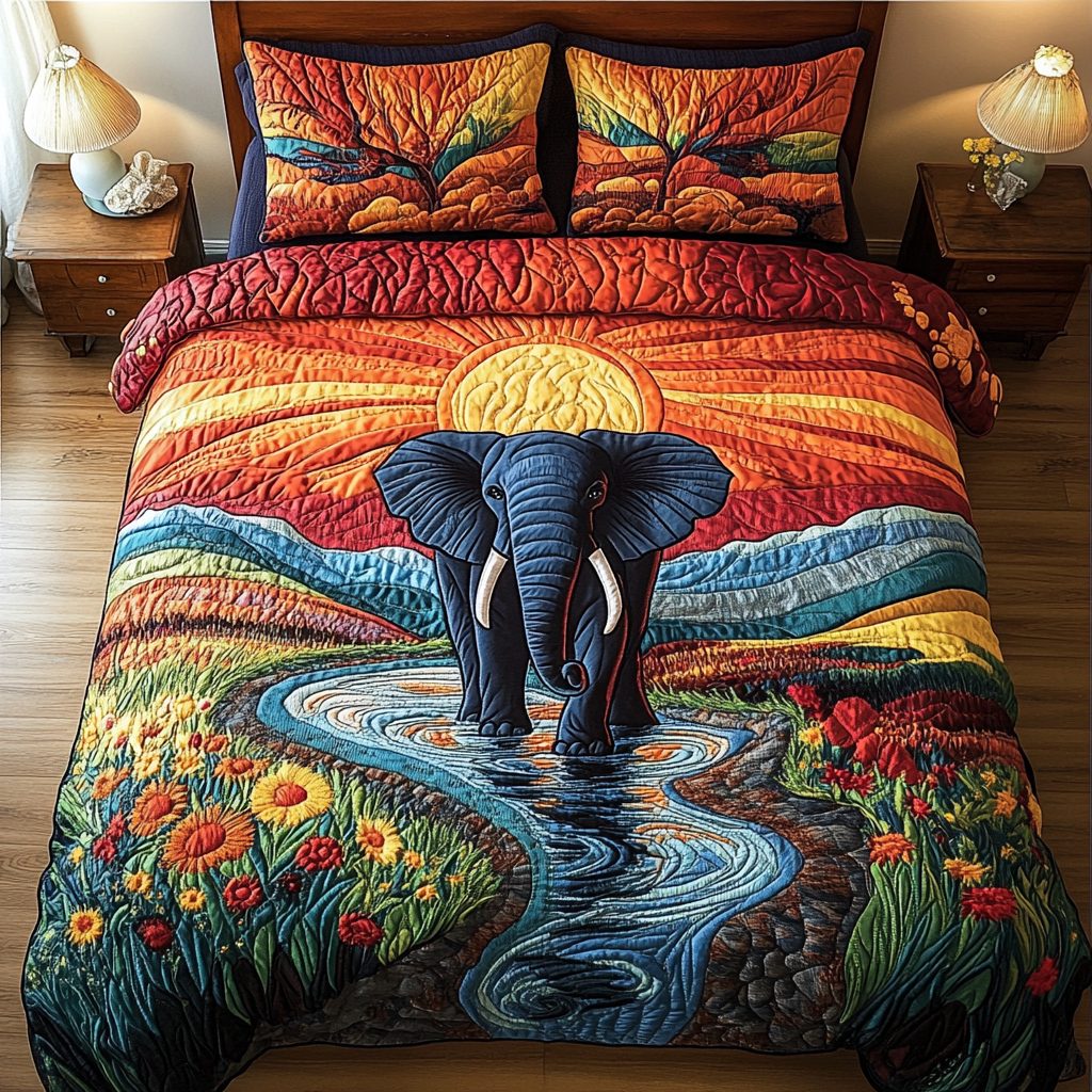 Tribal Elephant quilted 3-piece bedding set on a made bed with two matching pillow shams