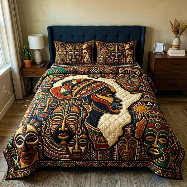 Tribal Essence quilted 3-piece bedding set on a made bed with two matching pillow shams