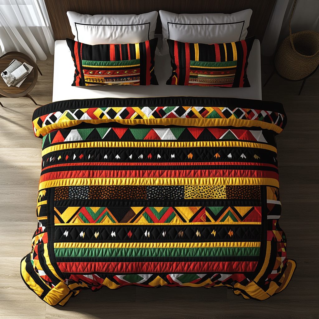 Tribal Essence quilted 3-piece bedding set on a made bed with two matching pillow shams