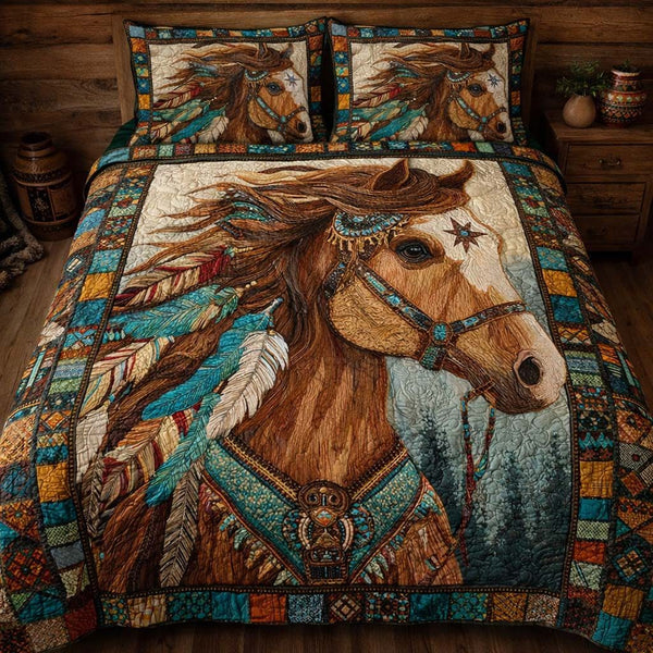 Tribal Feather Horse quilted 3-piece bedding set on a made bed in a rustic timber bedroom
