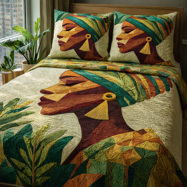 Tribal Feminine Harmony quilted 3-piece bedding set on a made bed with two matching pillow shams