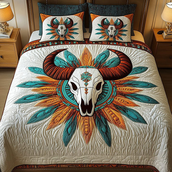 Tribal Flame quilted 3-piece bedding set on a made bed with two matching pillow shams