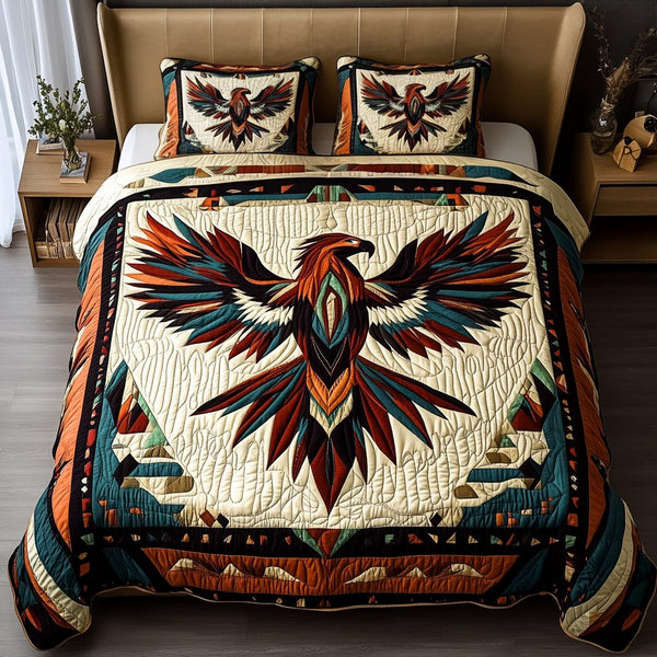 Tribal Flight quilted 3-piece bedding set on a made bed with two matching pillow shams