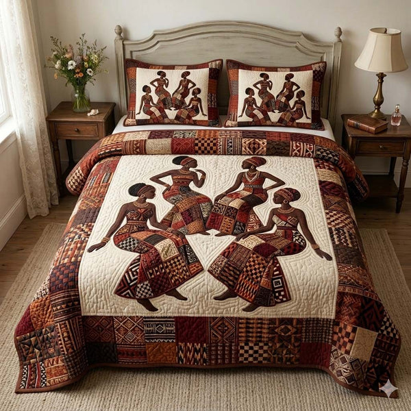 Tribal Grace quilted 3-piece bedding set on a made bed with two matching pillow shams