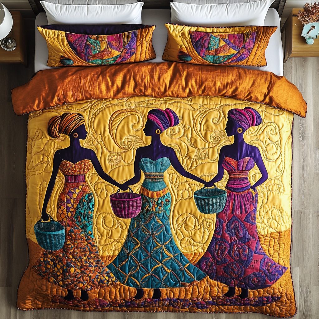 Tribal Grace quilted 3-piece bedding set on a made bed with two matching pillow shams
