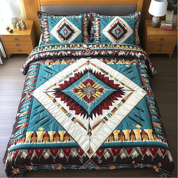 Tribal Harmony quilted 3-piece bedding set on a made bed with two matching pillow shams
