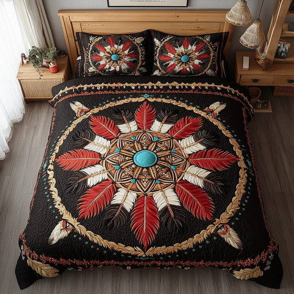 Tribal Harmony quilted 3-piece bedding set on a made bed with two matching pillow shams
