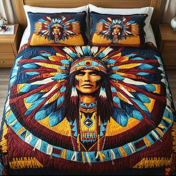 Tribal Harmony quilted 3-piece bedding set on a made bed with two matching pillow shams
