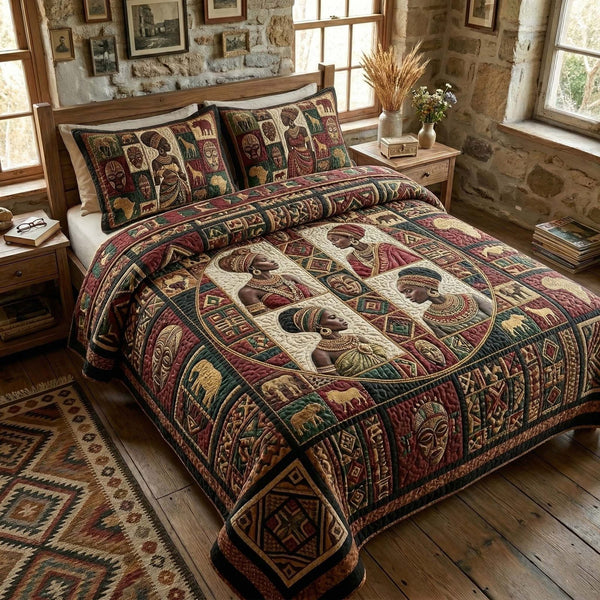 Tribal Heritage quilted 3-piece bedding set on a made bed in a farmhouse bedroom