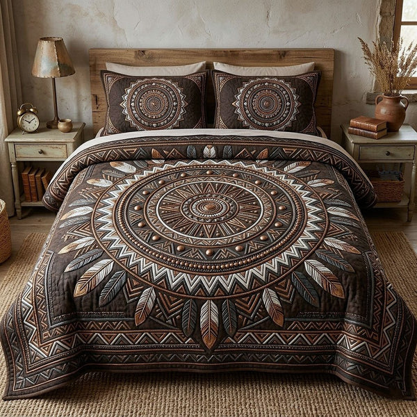 Tribal Heritage quilted 3-piece bedding set on a made bed in a farmhouse bedroom