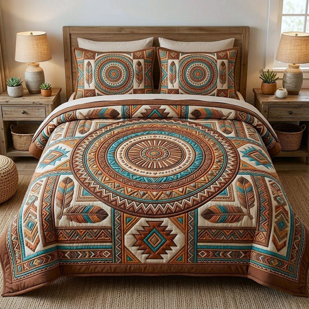 Tribal Heritage quilted 3-piece bedding set on a made bed in a farmhouse bedroom