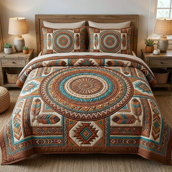 Tribal Heritage quilted 3-piece bedding set on a made bed in a farmhouse bedroom