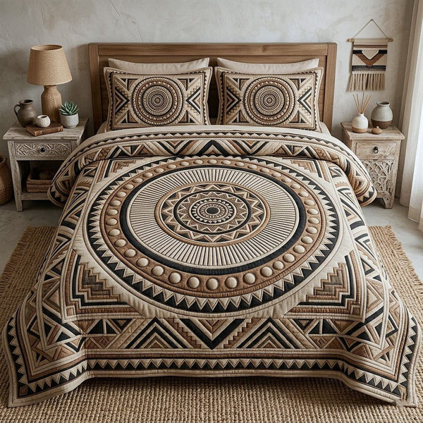 Tribal Heritage quilted 3-piece bedding set on a made bed in a farmhouse bedroom