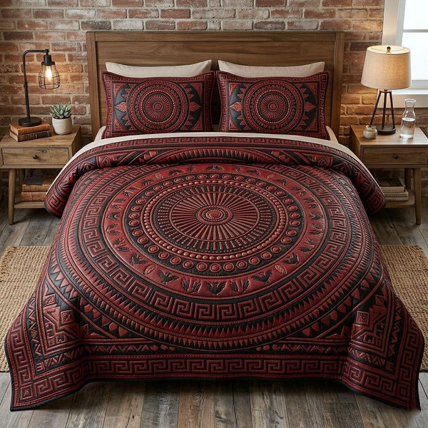 Tribal Heritage quilted 3-piece bedding set on a made bed in a farmhouse bedroom