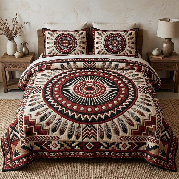 Tribal Heritage quilted 3-piece bedding set on a made bed in a farmhouse bedroom
