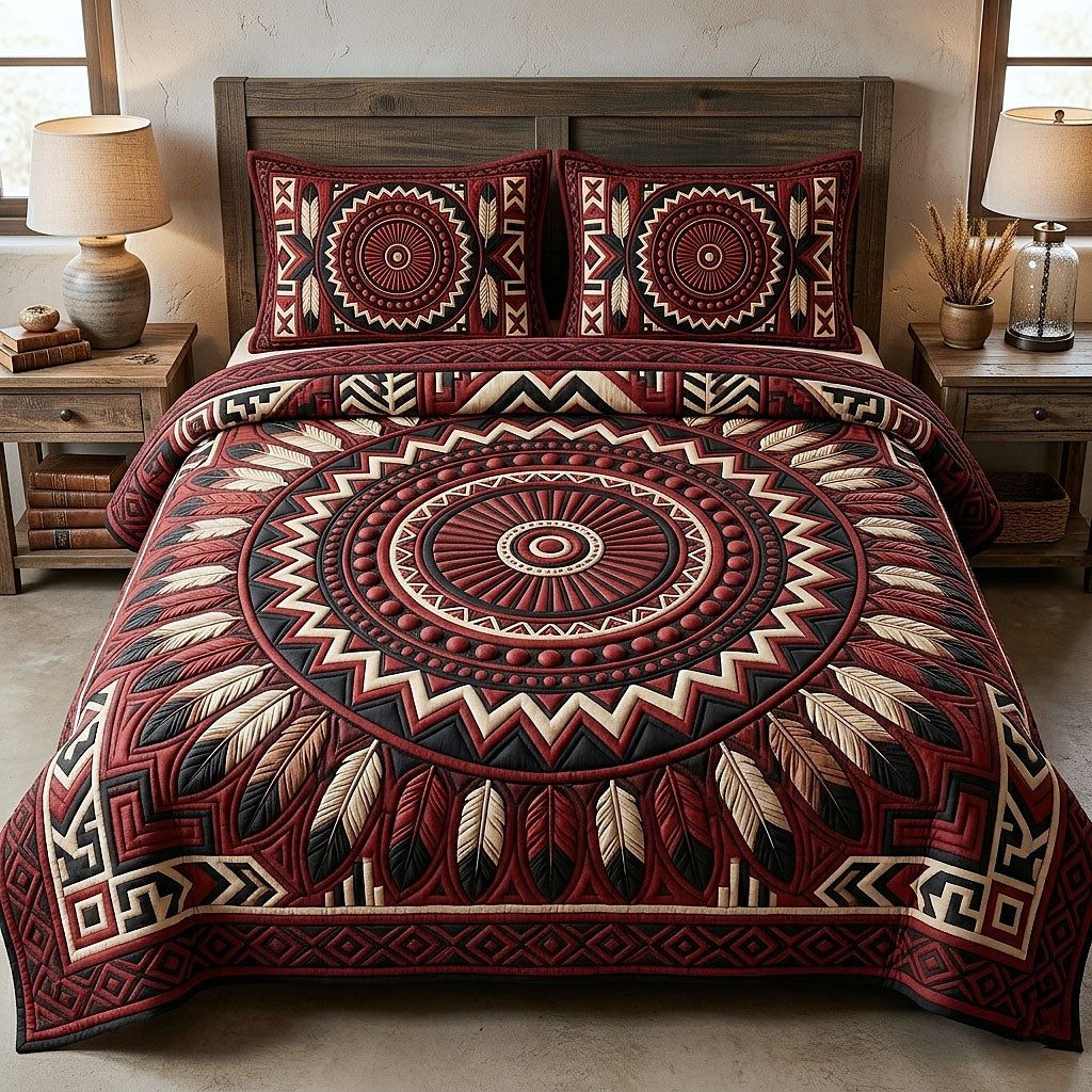 Tribal Heritage quilted 3-piece bedding set on a made bed in a farmhouse bedroom