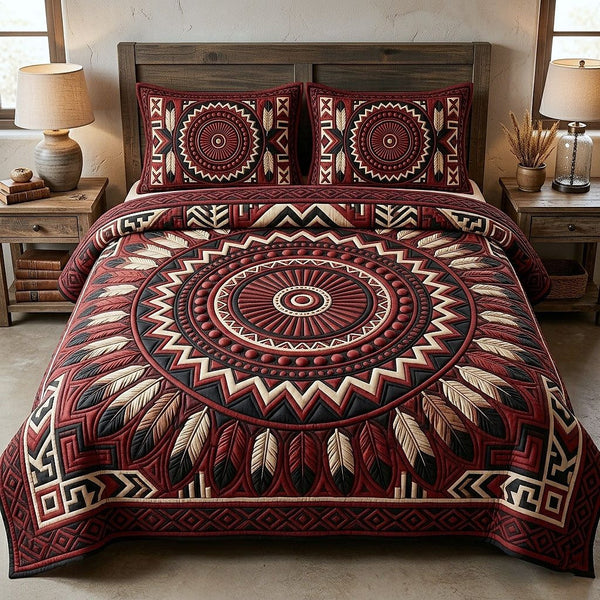 Tribal Heritage quilted 3-piece bedding set on a made bed in a farmhouse bedroom